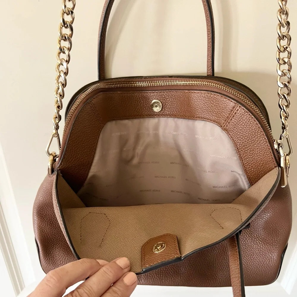 Michael Kors Mercer Medium Dome Satchel Bag Brown Leather with Shopping Bag